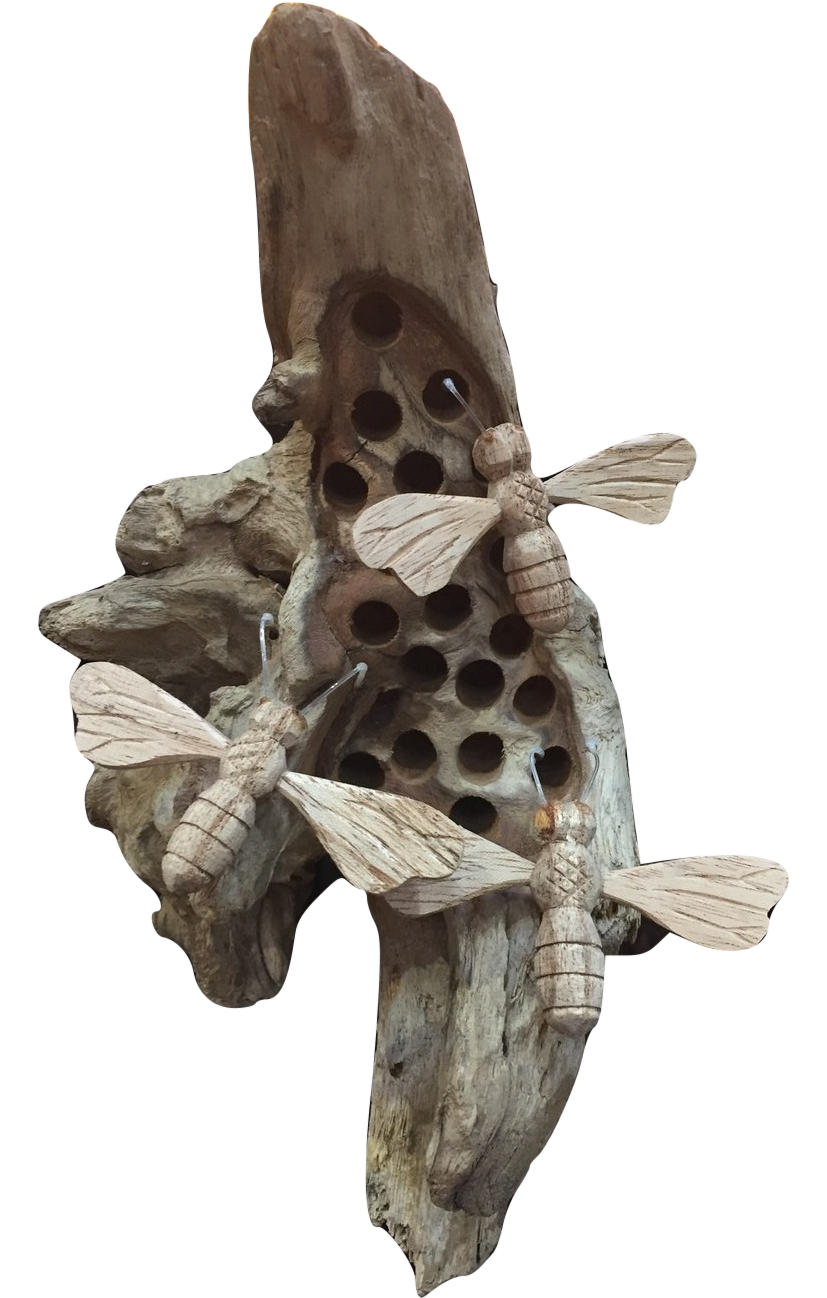 Wooden Bee Hotel Hanging with 3 Hand Carved Bees