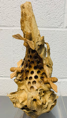 Wooden Bee Hotel Standing with 3 Hand Carved Bees