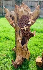 Wooden Bee Hotel Standing with 6 Hand Carved Bees