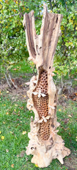 Giant Wooden Bee Hotel Standing with 8 Hand Carved Bees 80-90cm