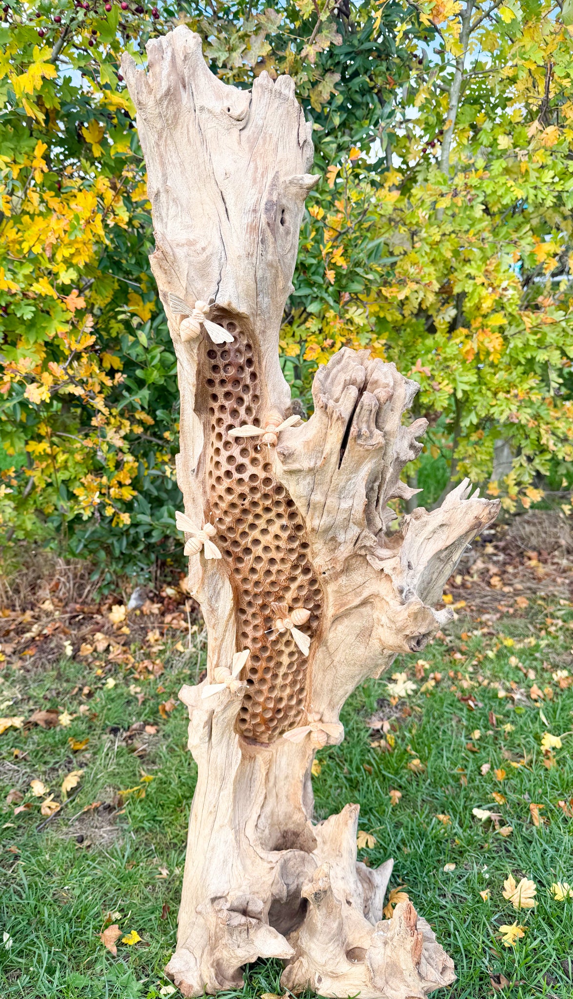 Giant Wooden Bee Hotel Standing with 8 Hand Carved Bees 80-90cm