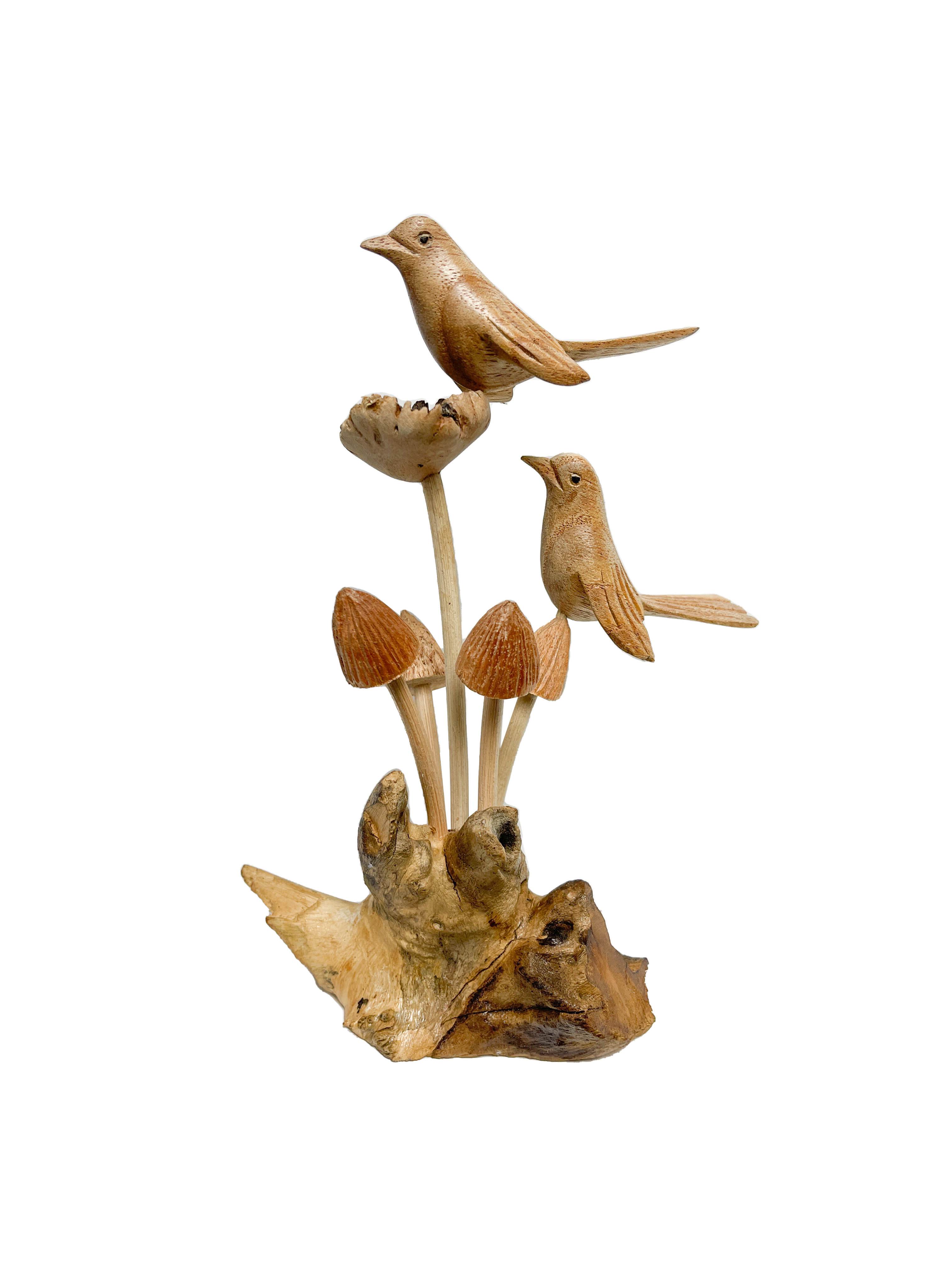 Wooden Carved Double Birds on Mushrooms