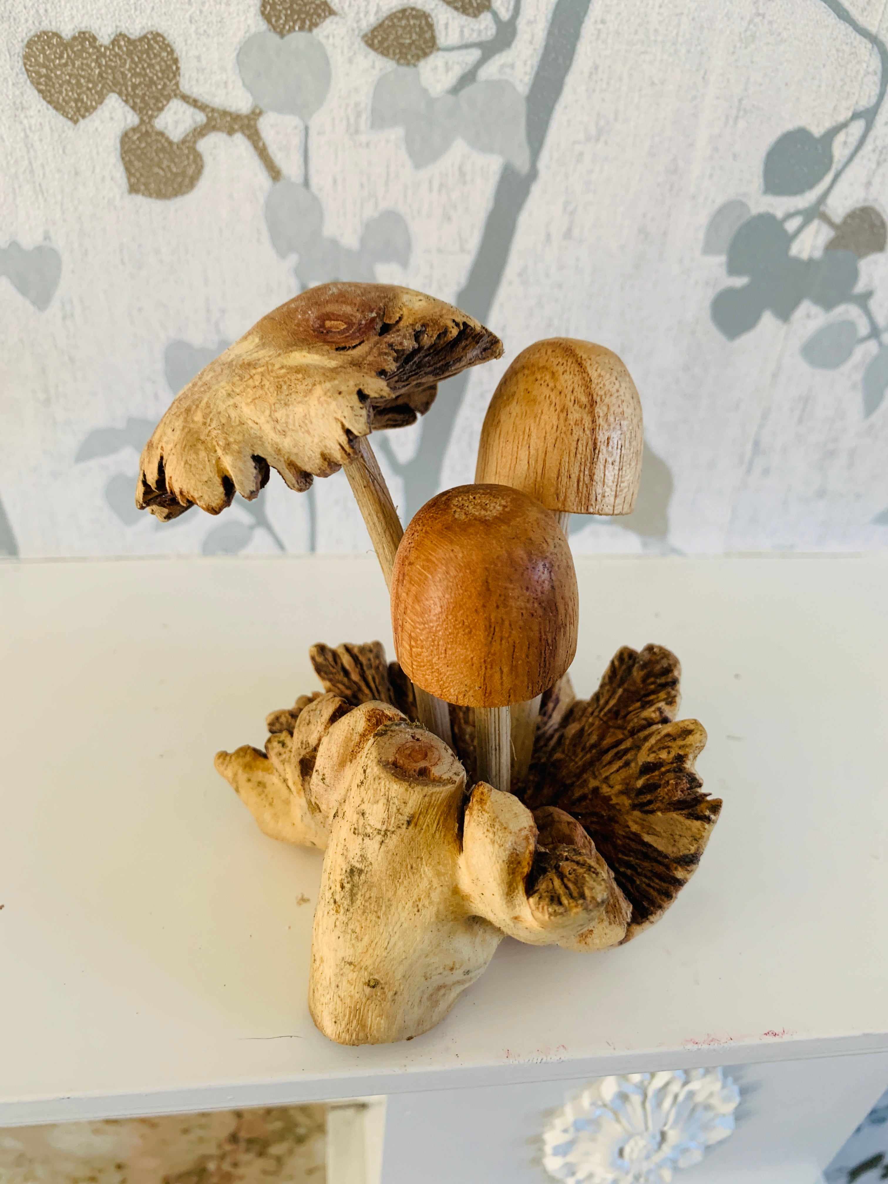 Parasite Wood with Three Assorted Mushroom Carvings