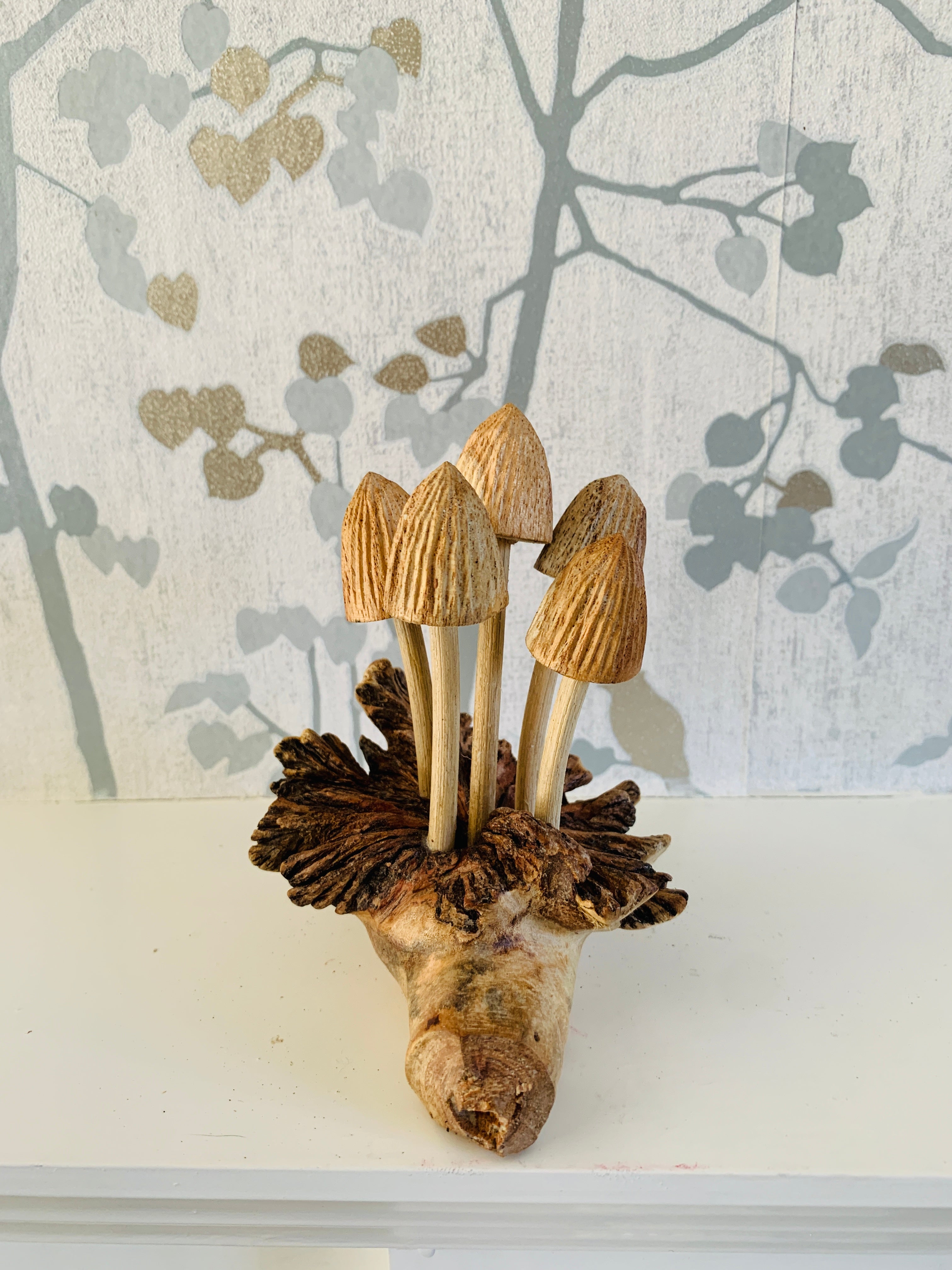 Mushrooms Group of Five on Log Wood Carving Fair Trade