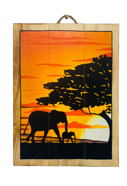 Wooden Picture - Elephants Sunset