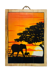 Wooden Picture - Elephants Sunset