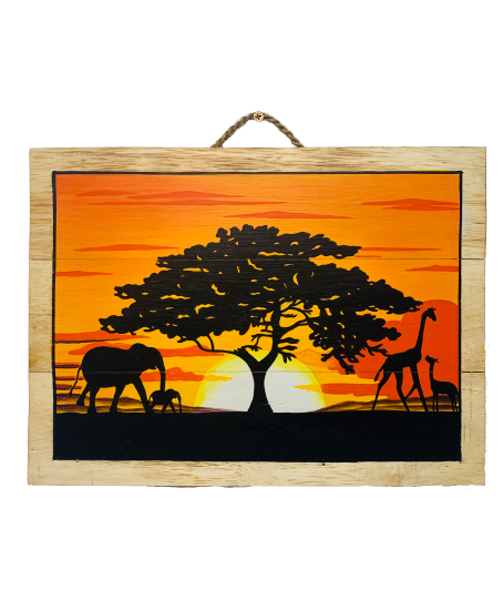 Wooden Picture - Elephants and Giraffes Sunset