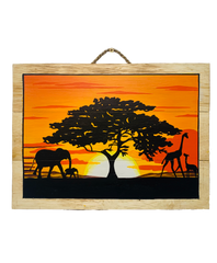 Wooden Picture - Elephants and Giraffes Sunset