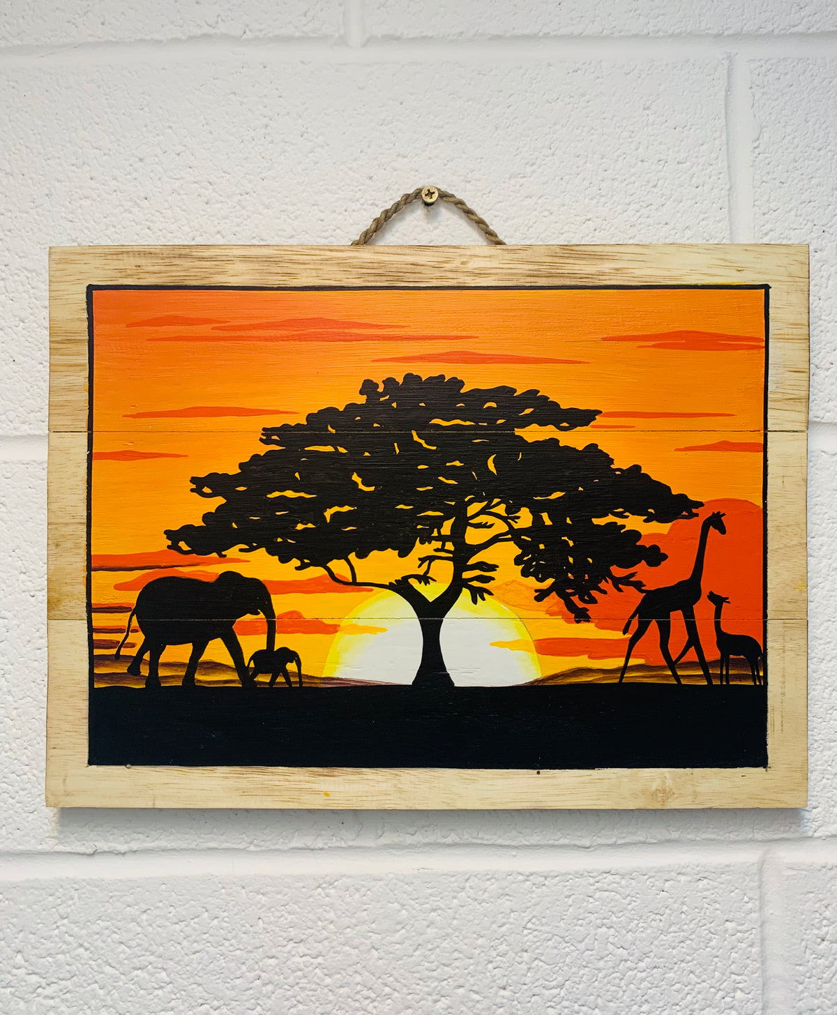 Wooden Picture - Elephants and Giraffes Sunset