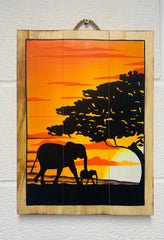 Wooden Picture - Elephants Sunset