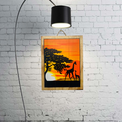 Wooden Picture - Giraffes Sunset