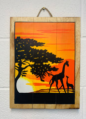 Wooden Picture - Giraffes Sunset